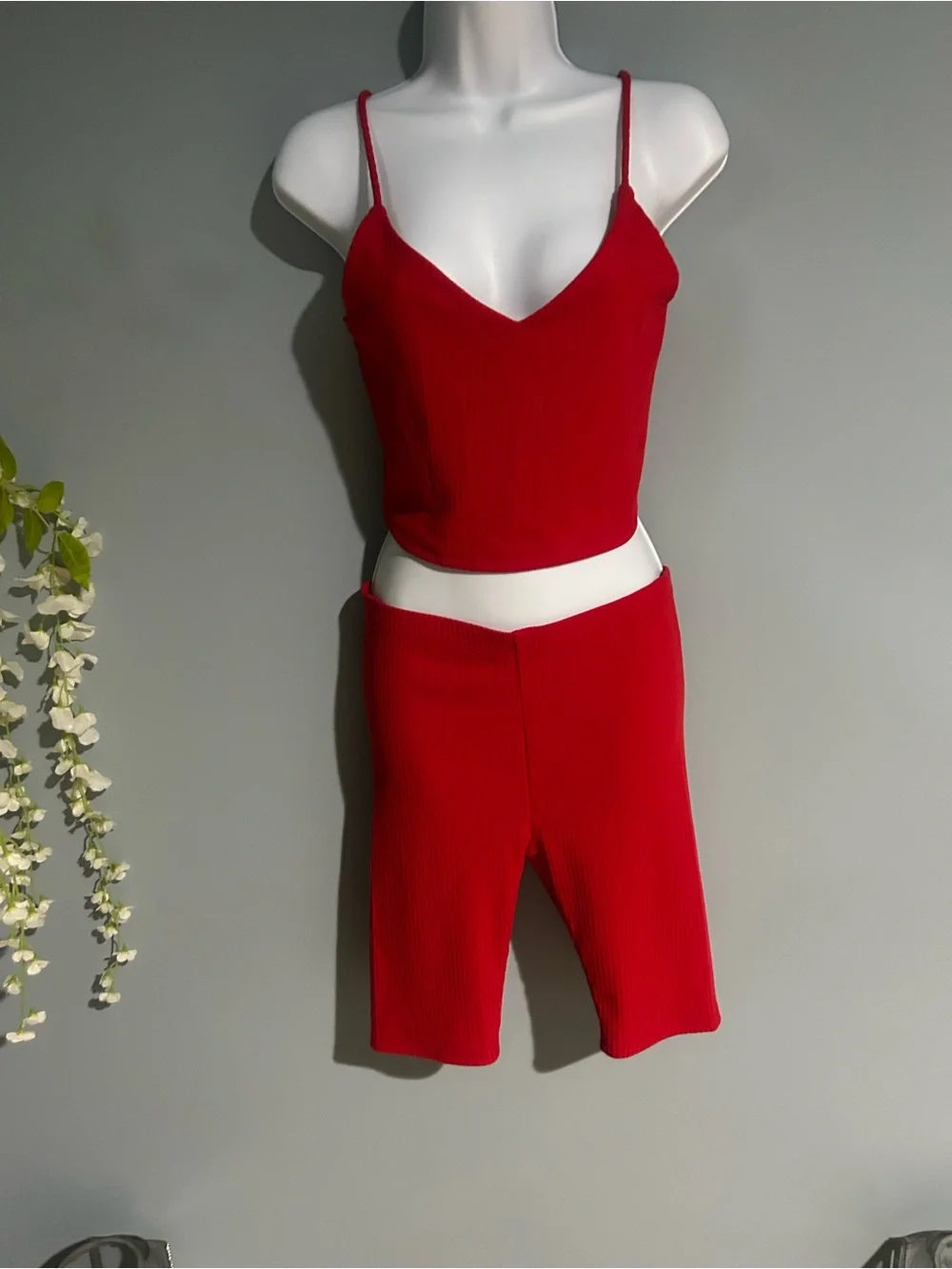 love J Red Spaghetti Strap Crop Top & Bike Shorts